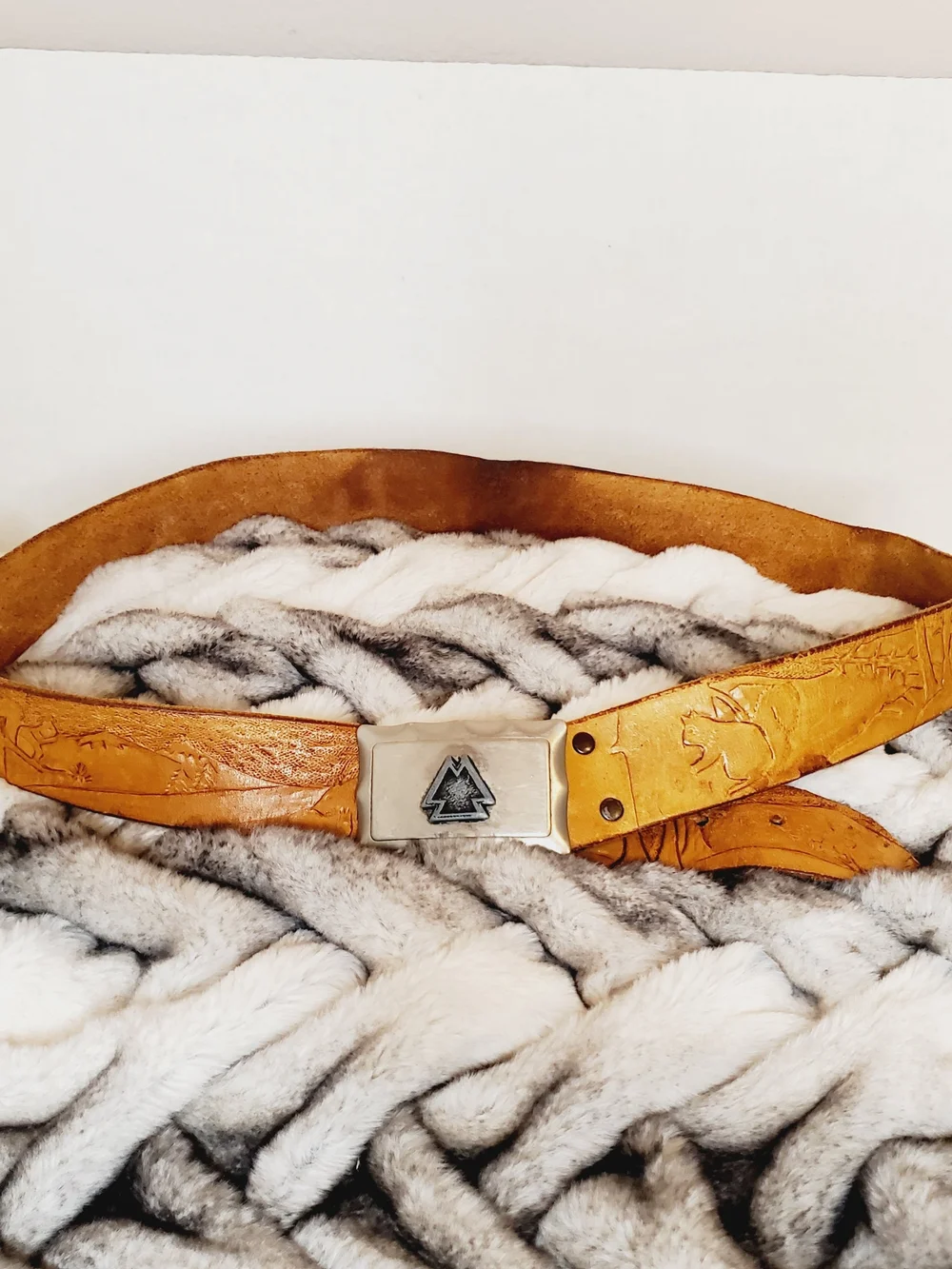 Vintage hand-tooled leather belt features a distinctive Viking Valknut symbo